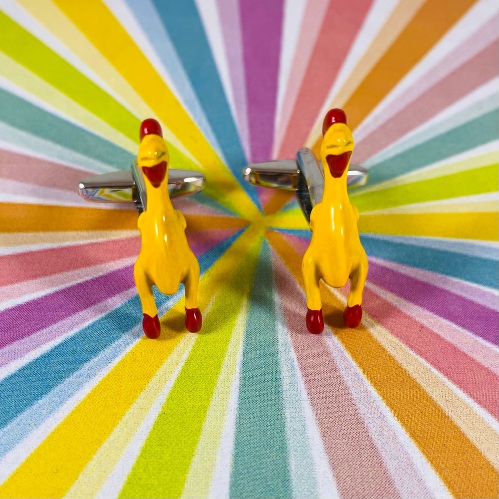 Hilarious rubber chicken men’s gag gift cuff links enamel and chrome.